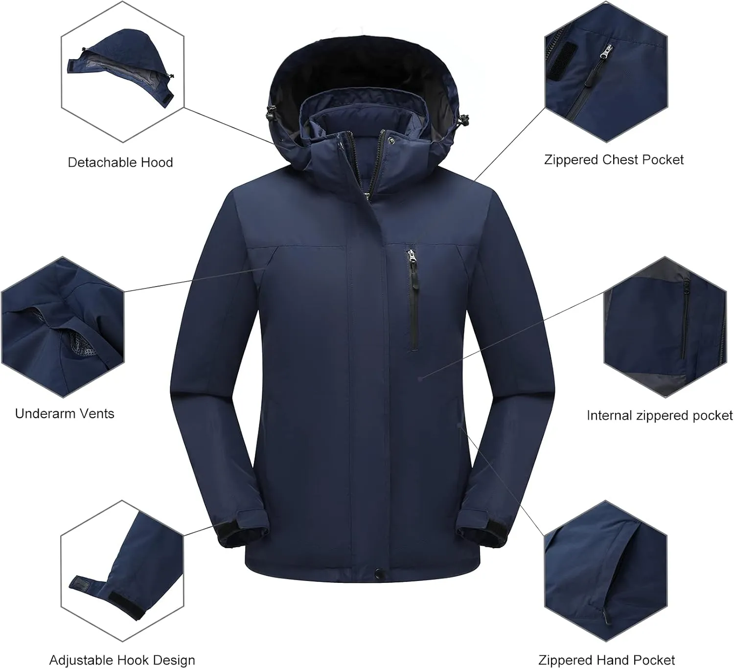 Women's 3 in 1 Ski Jacket Mountain Waterproof Windproof Winter Snow Coat Hike Snowboarding Jackets Hooded Warm Raincoat