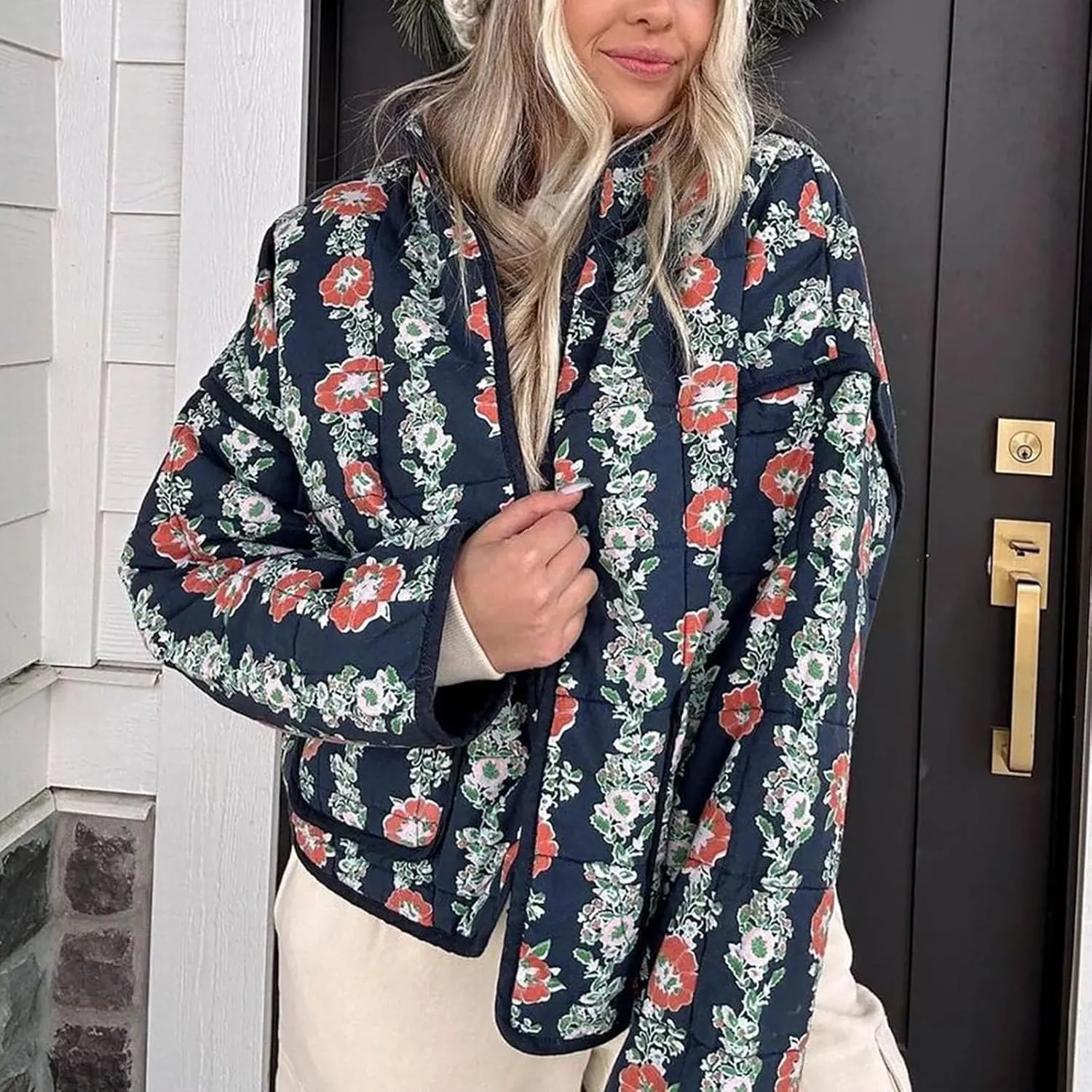 Women's Cropped Puffer Jacket Lightweight Floral Print Long Sleeve Padded Quilted Jackets Puffy Car