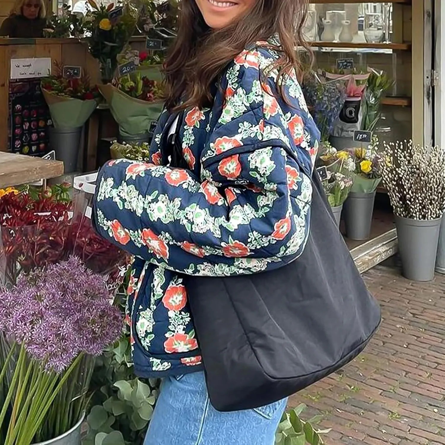 Women's Cropped Puffer Jacket Lightweight Floral Print Long Sleeve Padded Quilted Jackets Puffy Car