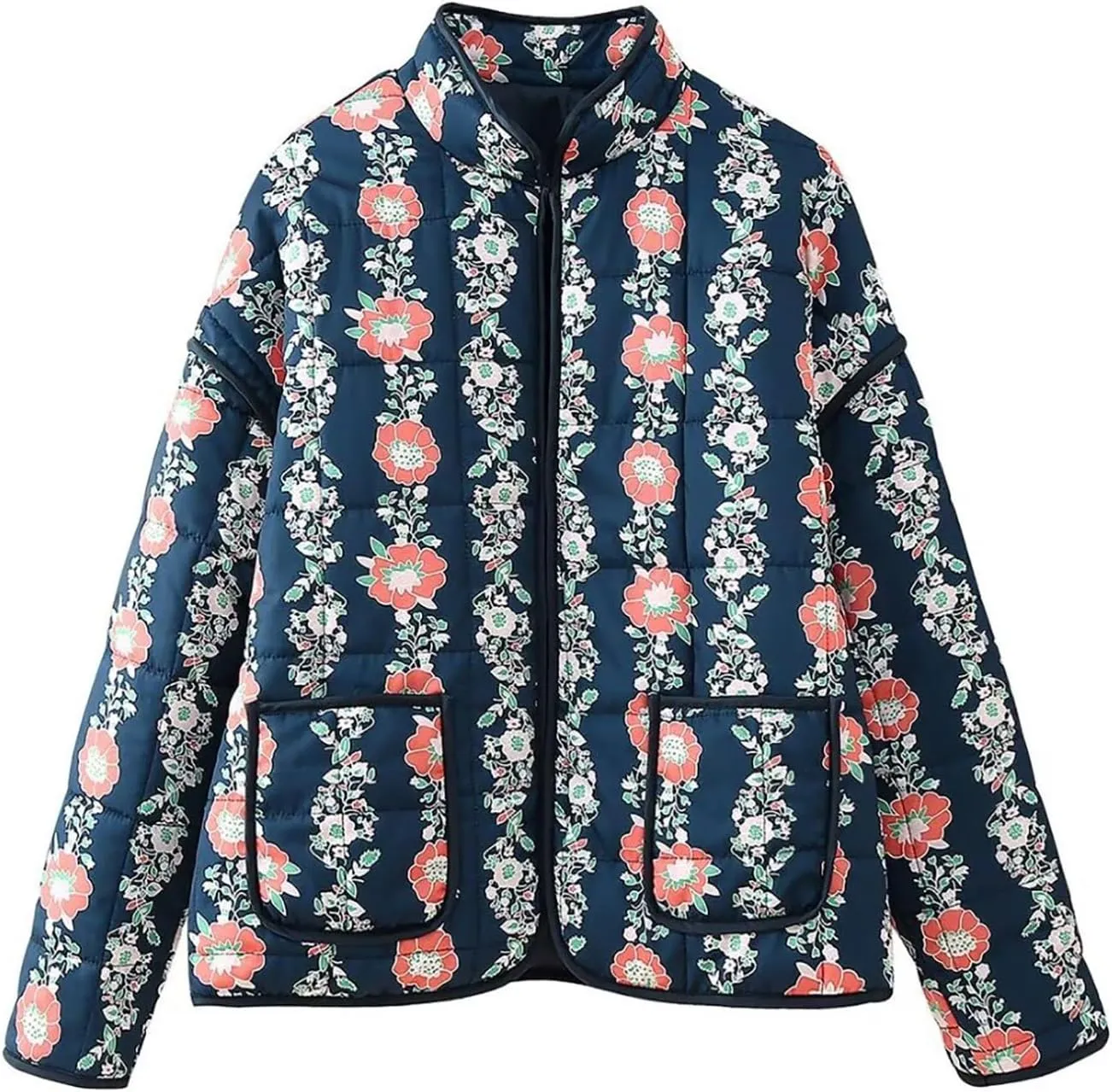Women's Cropped Puffer Jacket Lightweight Floral Print Long Sleeve Padded Quilted Jackets Puffy Car