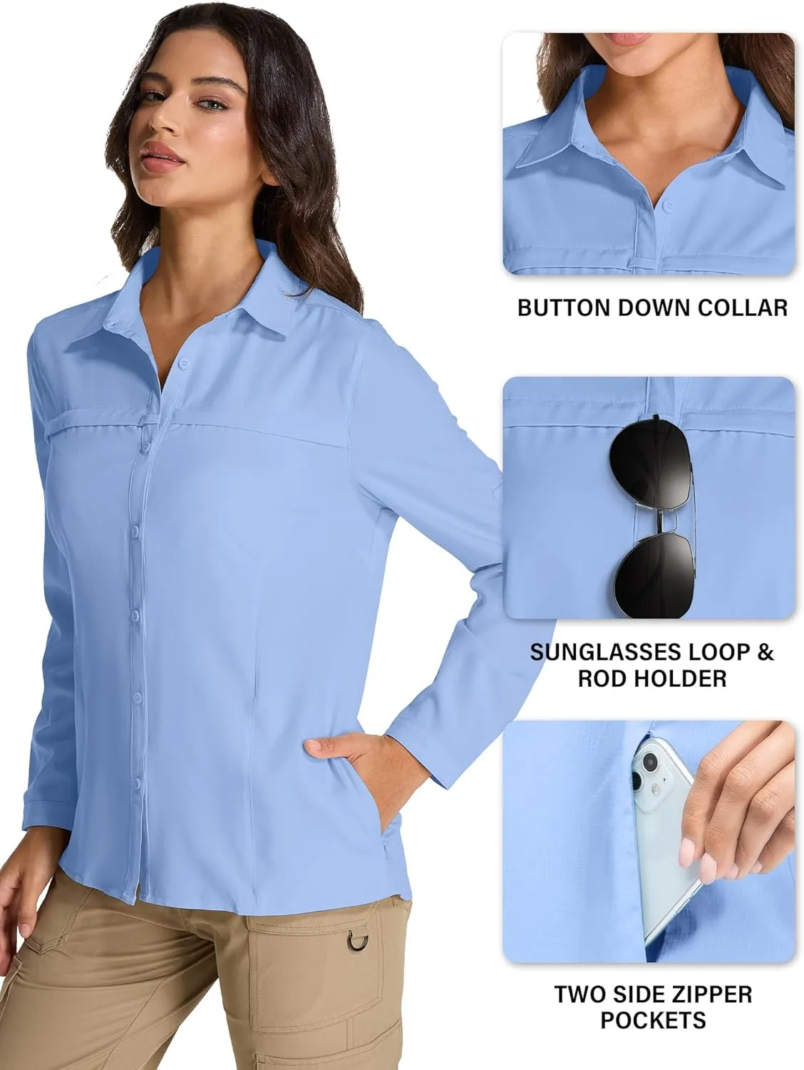 Womens Fishing Safari Shirt Sun Protection Hiking Shirts Quick Dry Lightweight UPF 50 Long Sleeve for Travel Outdoor Camping