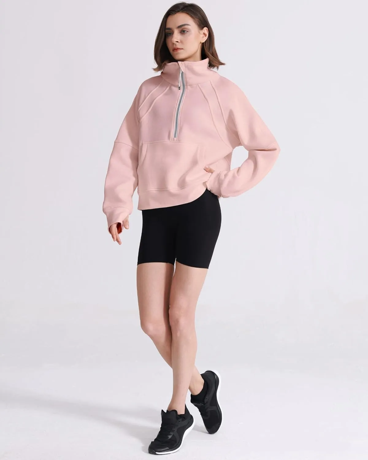 Womens Fleece Lined Half Zip Pullover Cotton Winter Warm Scuba Sweatshirt for Women with Thumbhole Pocket