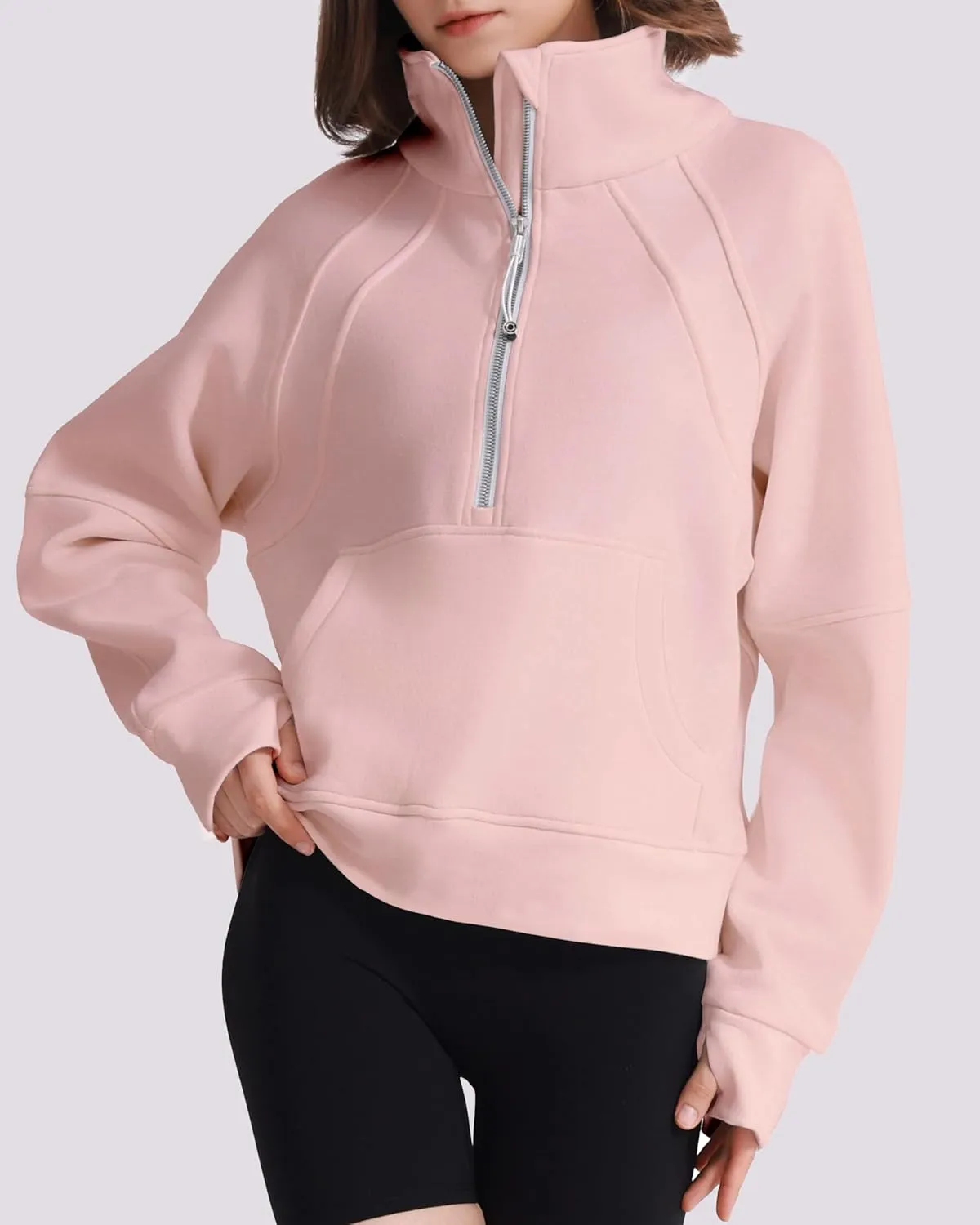 Womens Fleece Lined Half Zip Pullover Cotton Winter Warm Scuba Sweatshirt for Women with Thumbhole Pocket
