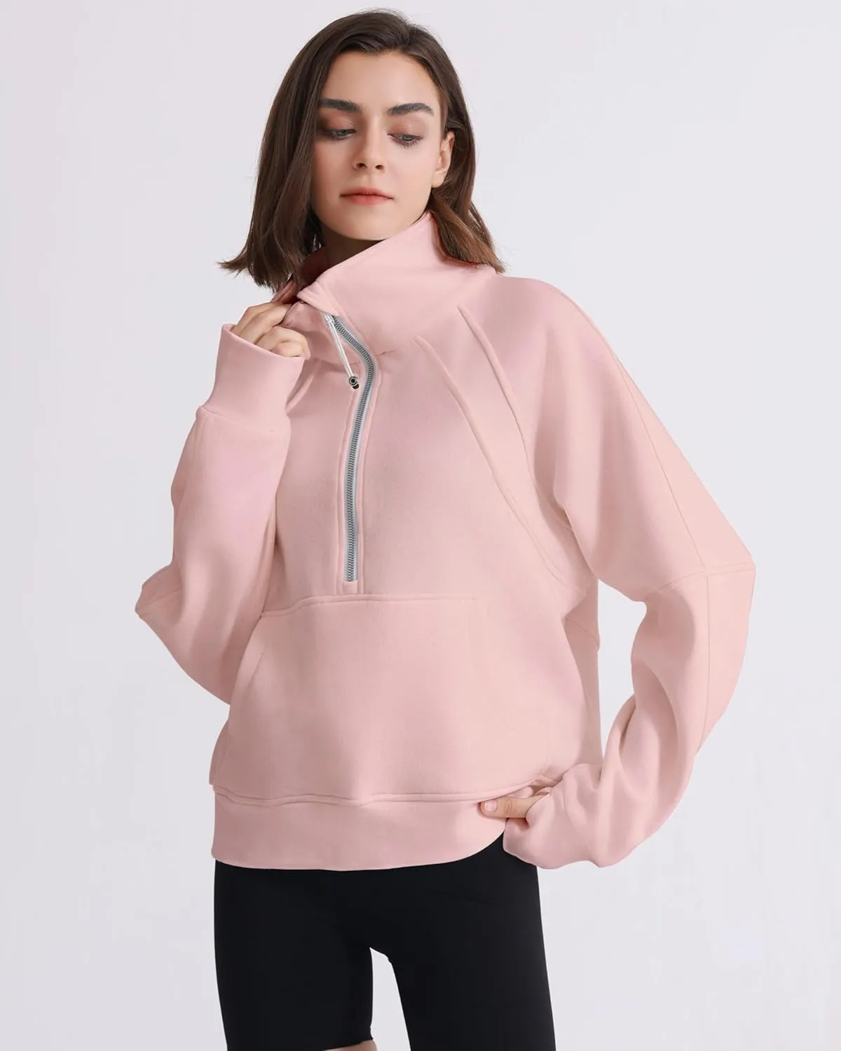 Womens Fleece Lined Half Zip Pullover Cotton Winter Warm Scuba Sweatshirt for Women with Thumbhole Pocket