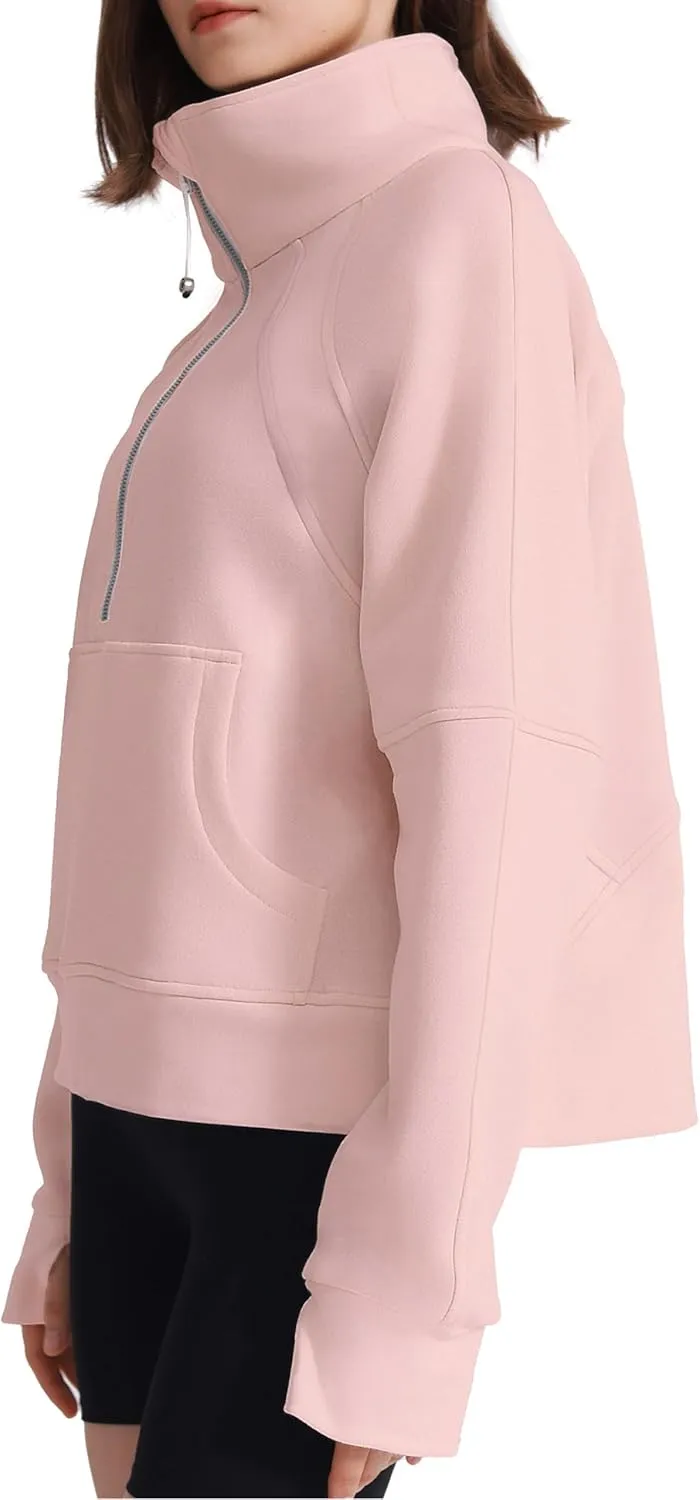 Womens Fleece Lined Half Zip Pullover Cotton Winter Warm Scuba Sweatshirt for Women with Thumbhole Pocket