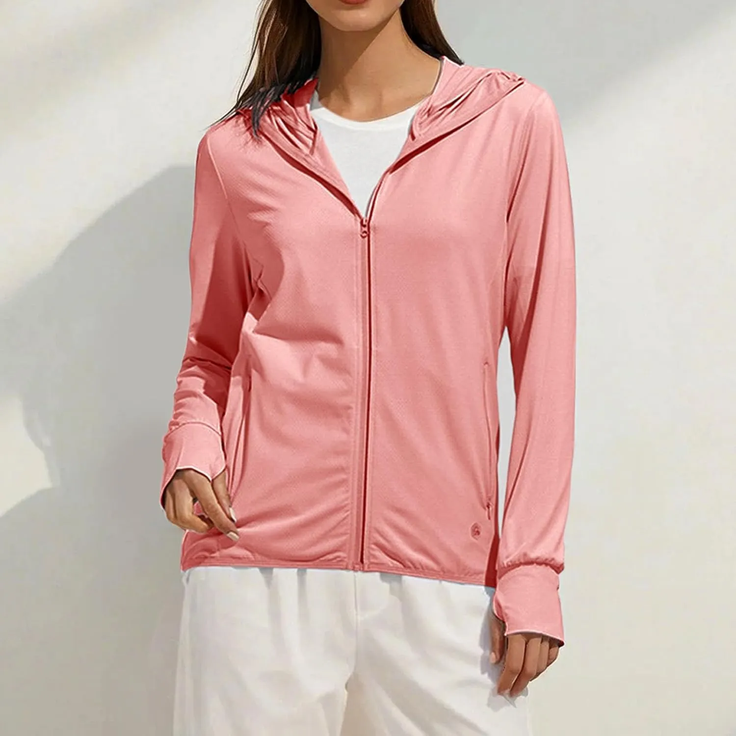 Womens Full Zipper Sun Protection Hoodie Performance Hiking Sun Shirt Quick Dry UPF 50  UV Jacket with Thumb Holes