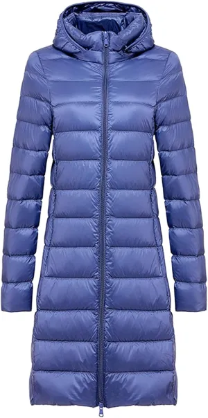Womens Lightweight Long Puffer Jacket Water-Resistant Winter Coat Packable Hooded Long Padded Down Ccoat Outwear