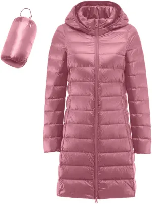 Women's Long Down Coat Packable Puffer Jacket Hooded Winter Ultra Light Quilted Winter Coat with Pocket Outerwear