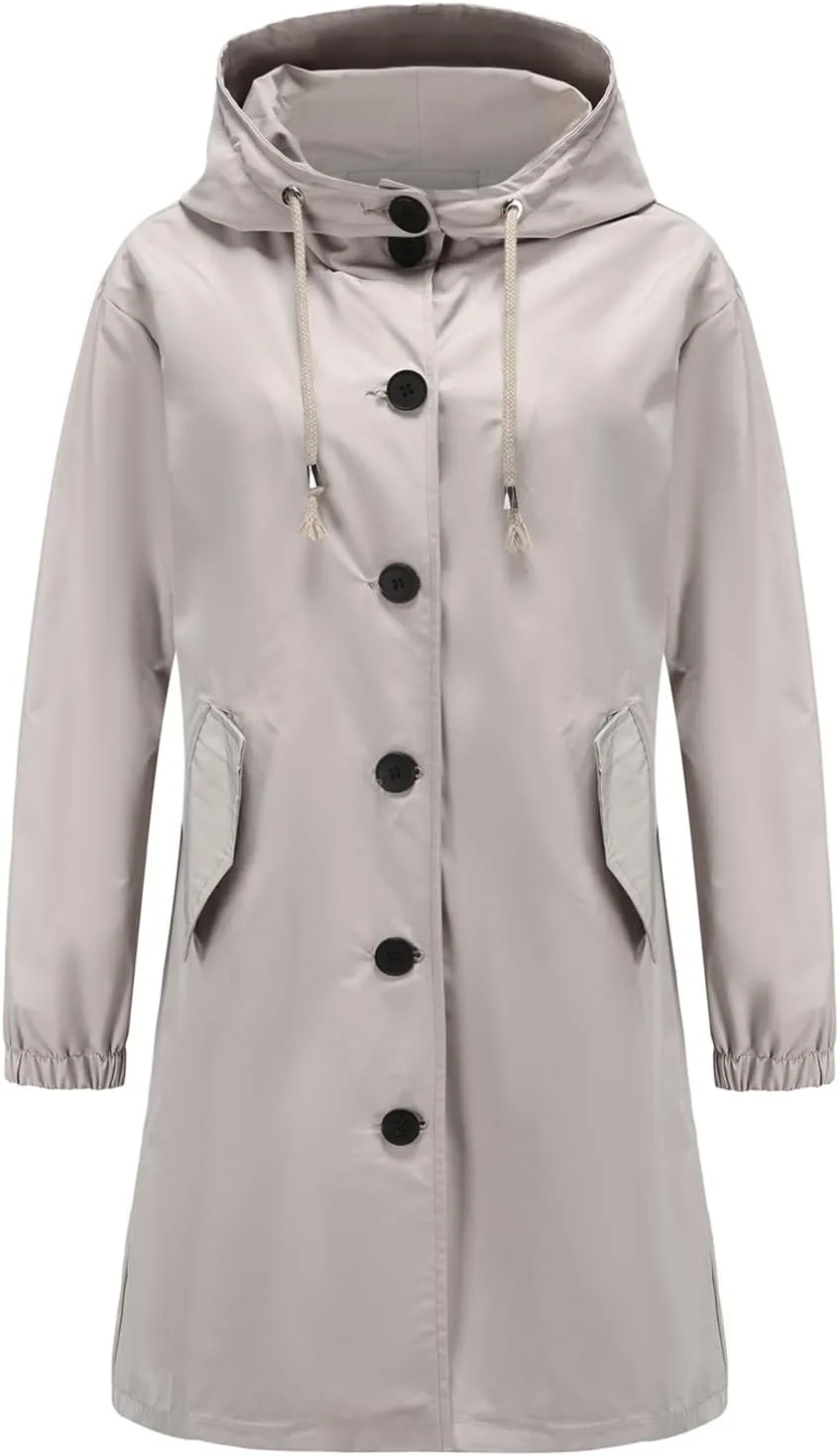 Women's Long Rain Jacket Windproof with Hood Button Trench Coat Travel Raincoats Outdoor Active Coats