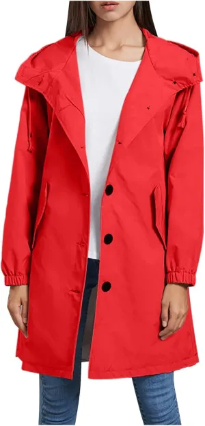 Women's Long Rain Jacket Windproof with Hood Button Trench Coat Travel Raincoats Outdoor Active Coats