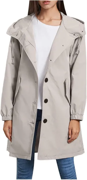 Women's Long Rain Jacket Windproof with Hood Button Trench Coat Travel Raincoats Outdoor Active Coats