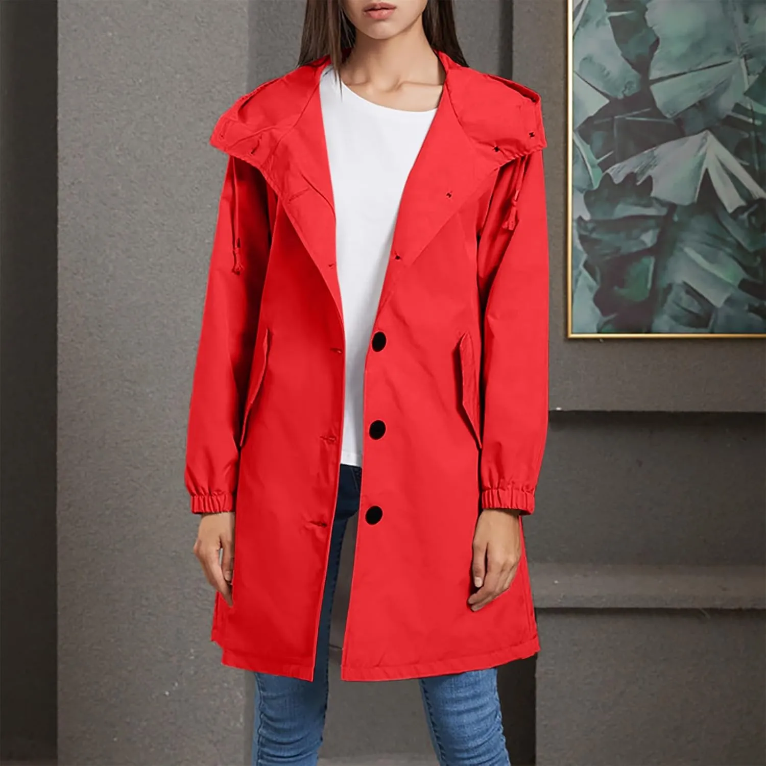 Women's Long Rain Jacket Windproof with Hood Button Trench Coat Travel Raincoats Outdoor Active Coats