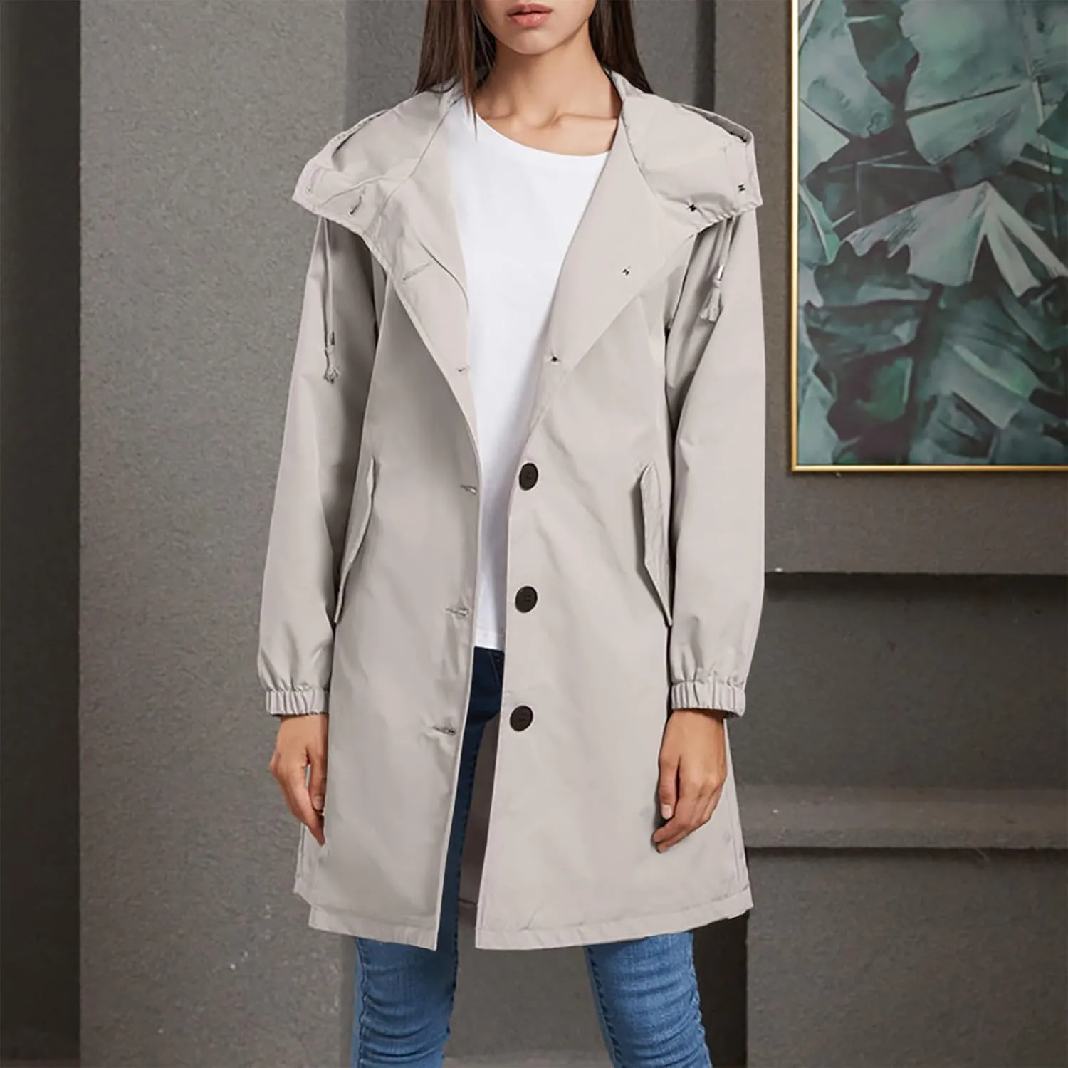 Women's Long Rain Jacket Windproof with Hood Button Trench Coat Travel Raincoats Outdoor Active Coats