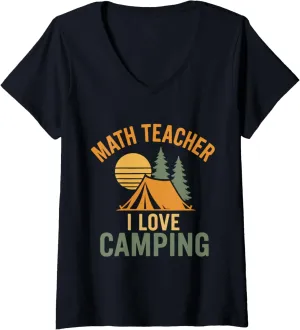 Womens Math Teacher Camping Tent Retro Style V-Neck T-Shirt