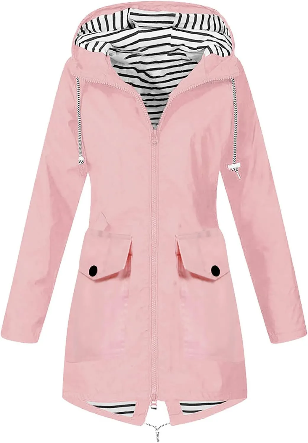 Womens Rain Jacket with Hood Lightweight Waterproof Windbreaker Outdoor Cycling Raincoat Striped Lined Trench Coat