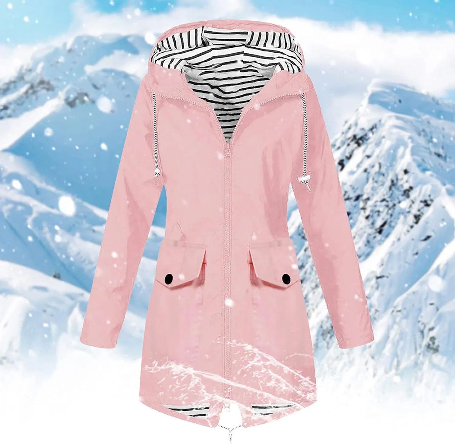 Womens Rain Jacket with Hood Lightweight Waterproof Windbreaker Outdoor Cycling Raincoat Striped Lined Trench Coat