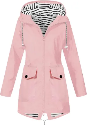 Womens Rain Jacket with Hood Lightweight Waterproof Windbreaker Outdoor Cycling Raincoat Striped Lined Trench Coat