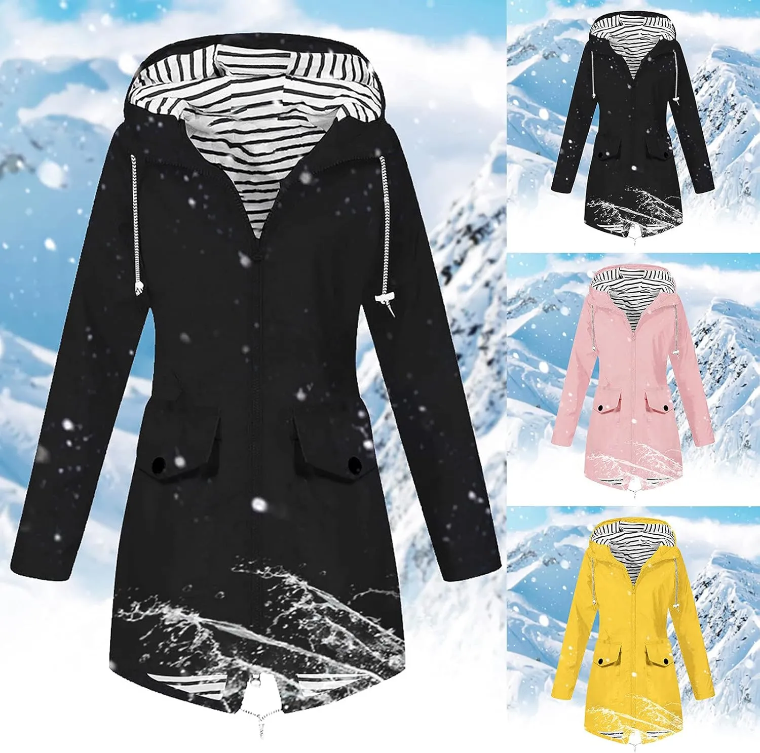 Womens Rain Jacket with Hood Lightweight Waterproof Windbreaker Outdoor Cycling Raincoat Striped Lined Trench Coat