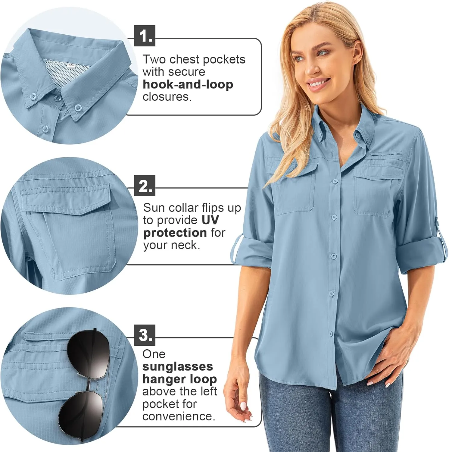 Womens Safari Sun Shirts UPF 50  UV Sun Protection Long Sleeve Outdoor Quick Dry Fishing Hiking Gardening Shirts