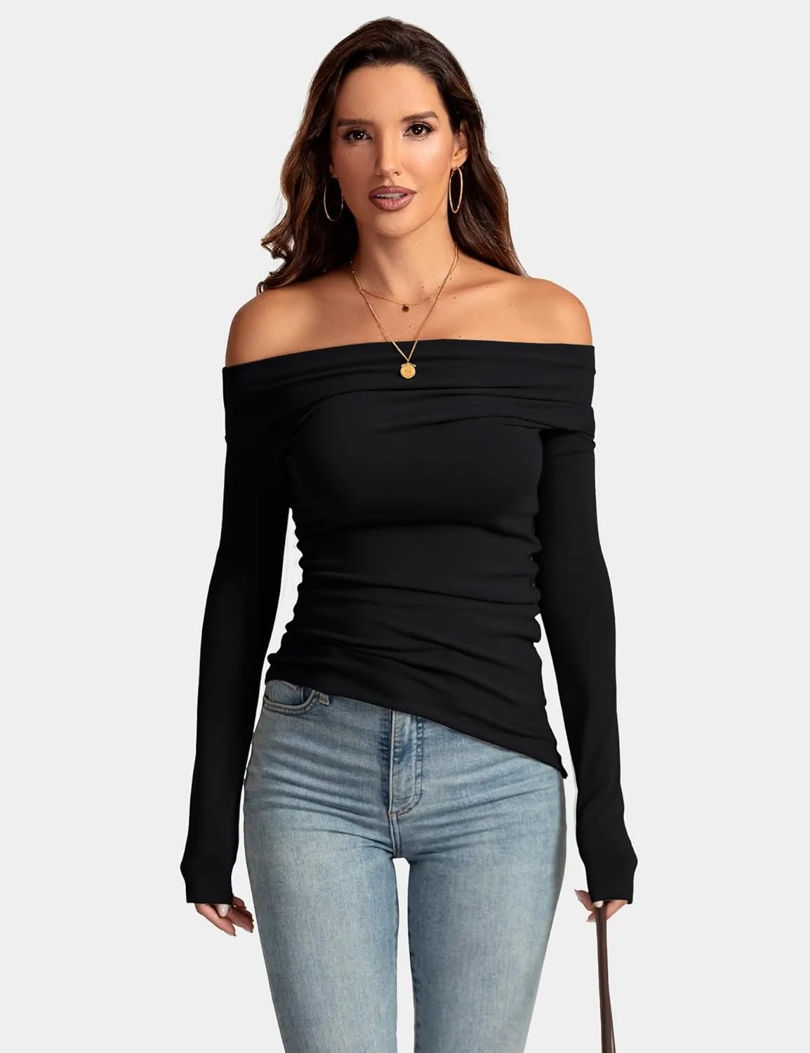 Women's Sexy Off Shoulder Tops Dressy Long Sleeve Asymmetrical Slim Fit Going Out Fall Blouse Ruched Shirts