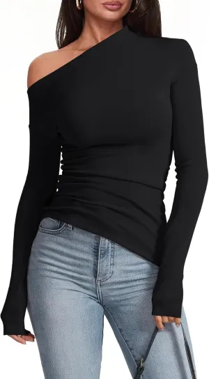 Women's Sexy Off Shoulder Tops Dressy Long Sleeve Asymmetrical Slim Fit Going Out Fall Blouse Ruched Shirts