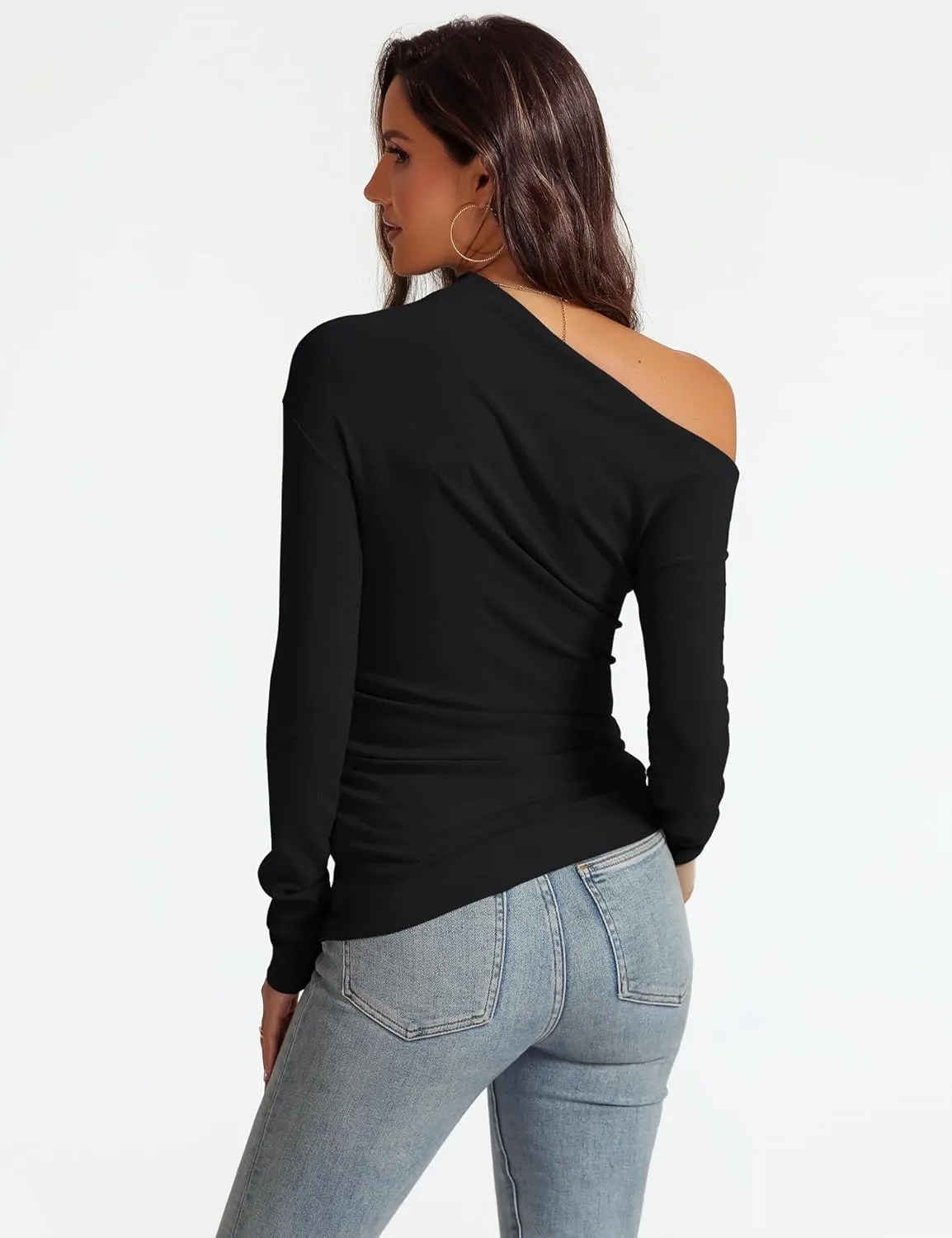 Women's Sexy Off Shoulder Tops Dressy Long Sleeve Asymmetrical Slim Fit Going Out Fall Blouse Ruched Shirts