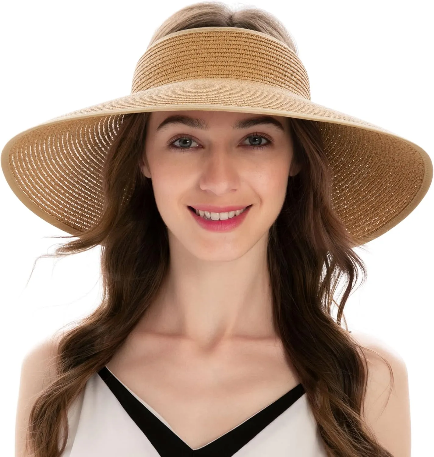 Womens Sun Hat Wide Brim Hats for Women Straw Sun Visors Roll Up Ponytail Beach Hats for Women
