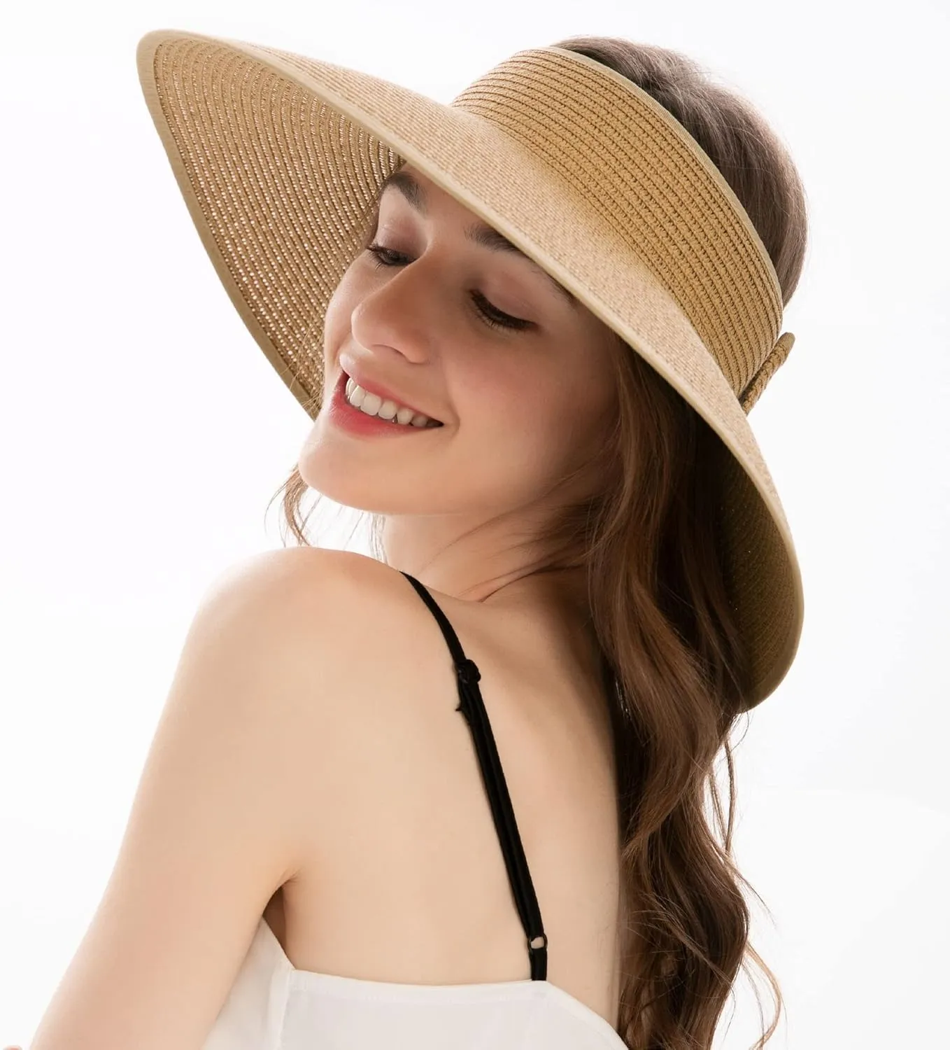 Womens Sun Hat Wide Brim Hats for Women Straw Sun Visors Roll Up Ponytail Beach Hats for Women