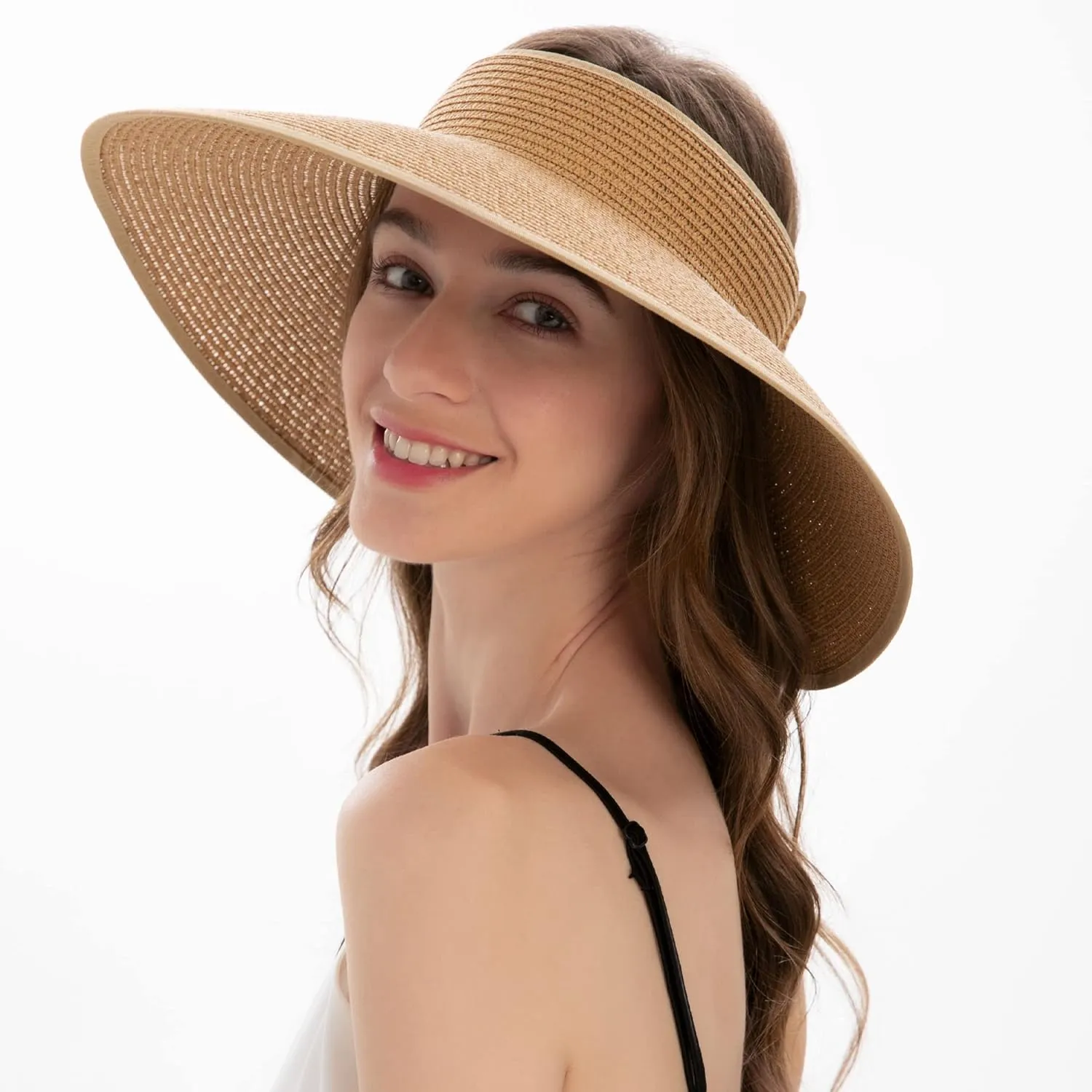 Womens Sun Hat Wide Brim Hats for Women Straw Sun Visors Roll Up Ponytail Beach Hats for Women