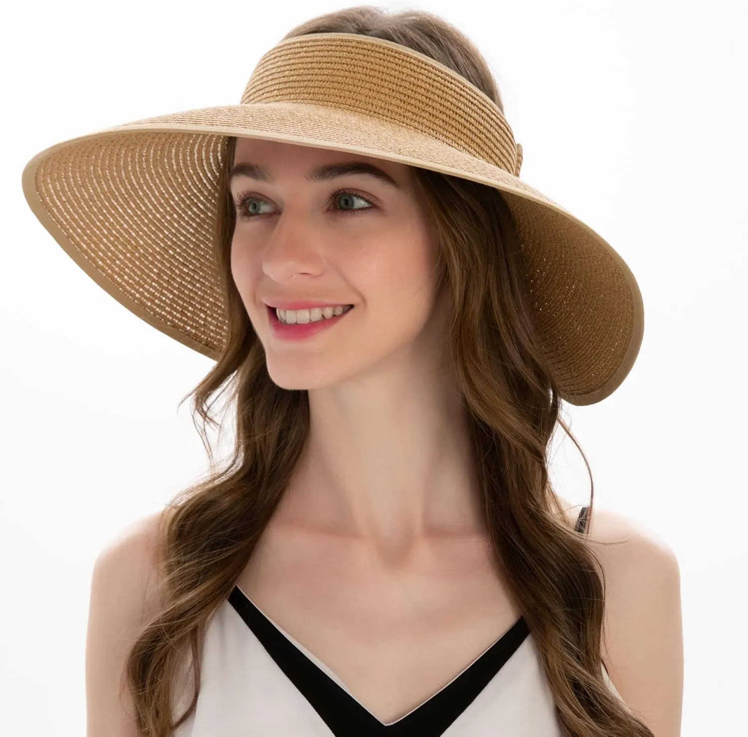 Womens Sun Hat Wide Brim Hats for Women Straw Sun Visors Roll Up Ponytail Beach Hats for Women