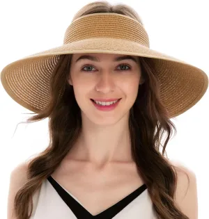 Womens Sun Hat Wide Brim Hats for Women Straw Sun Visors Roll Up Ponytail Beach Hats for Women