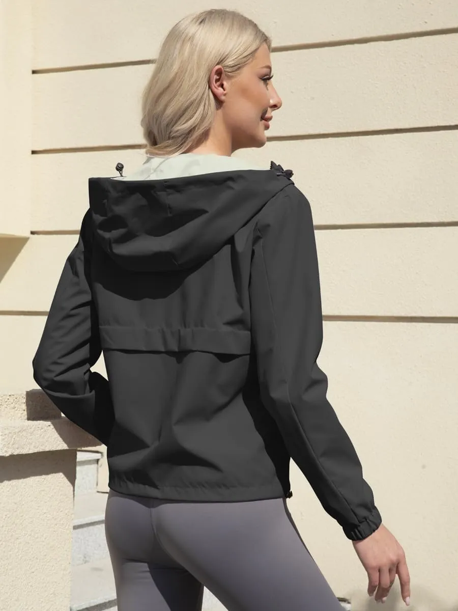 Womens Waterproof Reversible Rain Jacket Lightweight Raincoat Packable Hooded Outdoor Windbreaker Jacket