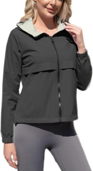 Womens Waterproof Reversible Rain Jacket Lightweight Raincoat Packable Hooded Outdoor Windbreaker Jacket