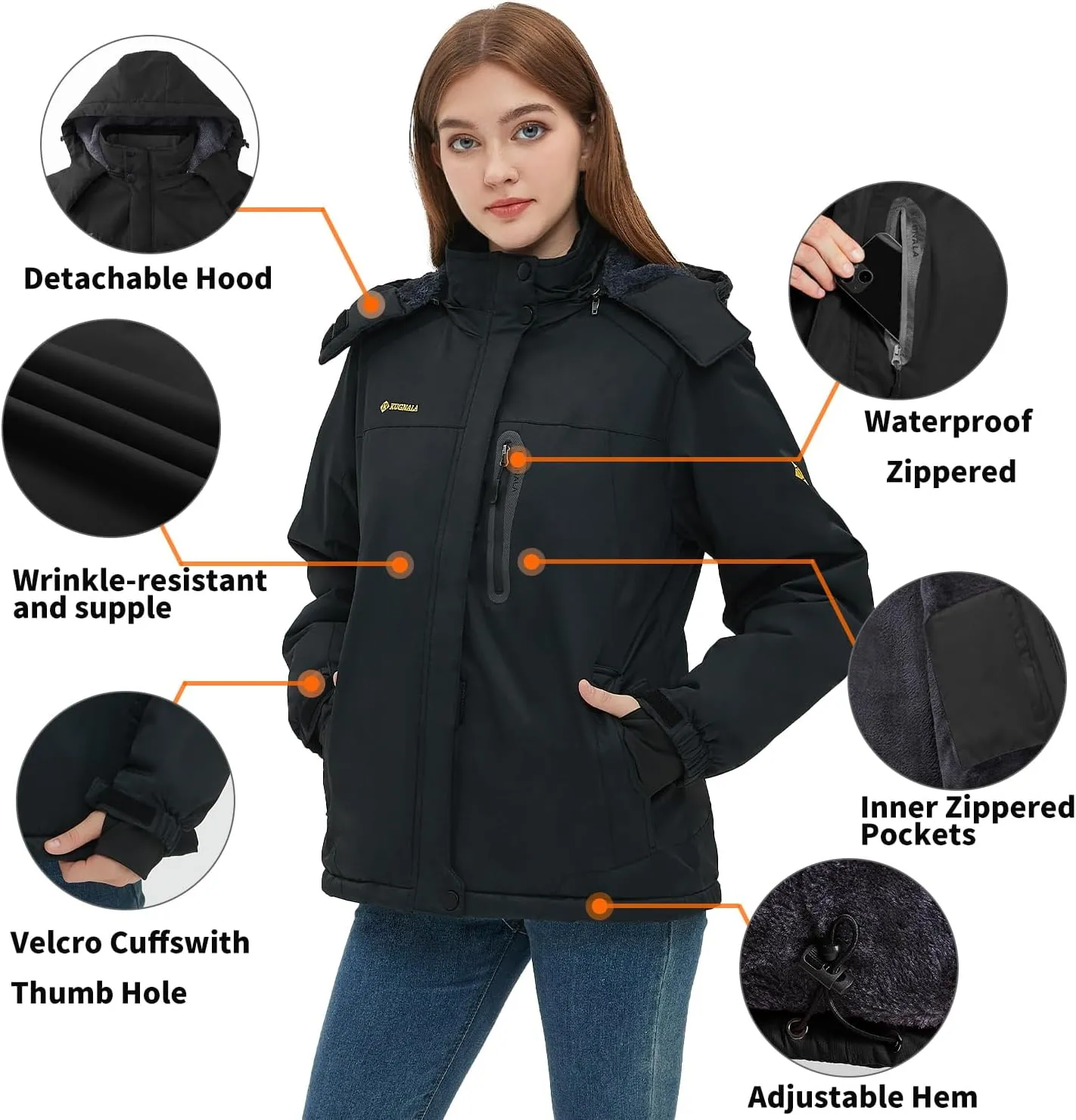 Women‘s Waterproof Winter Jacket Skiing Warm Fleece Snow Coat Hooded Windproof Raincoat S-3XL