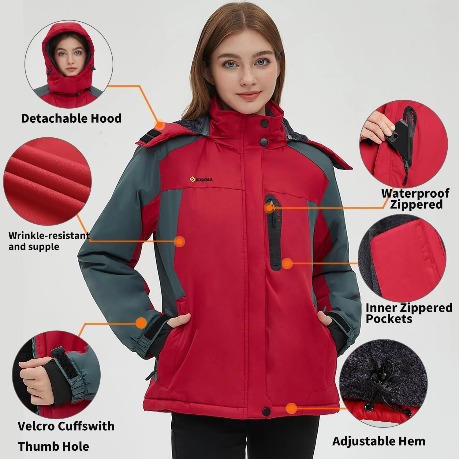 Women‘s Waterproof Winter Jacket Skiing Warm Fleece Snow Coat Hooded Windproof Raincoat S-3XL