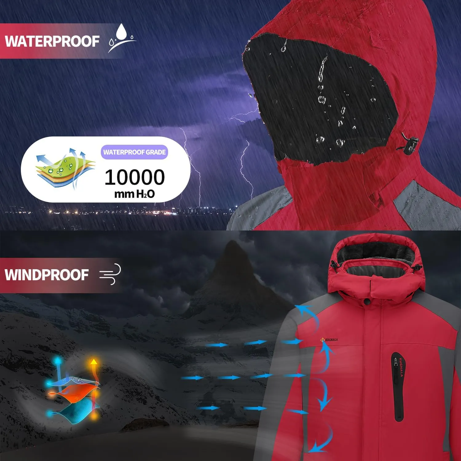 Women‘s Waterproof Winter Jacket Skiing Warm Fleece Snow Coat Hooded Windproof Raincoat S-3XL