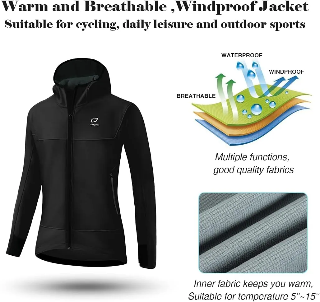 Women's Windproof Jacket Waterproof Breathable Hoodie Fleece Softshell Coat for Outdoors Running Cycling Hiking