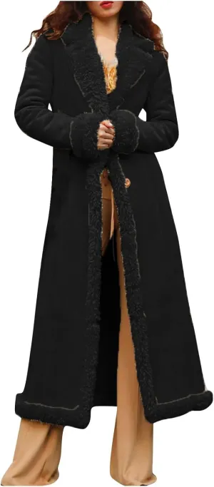 Women's Winter Long Jacket Open Front Coat Cardigan Vintage Western Coats Faux Fur Trim Parka Outerwear with Pockets