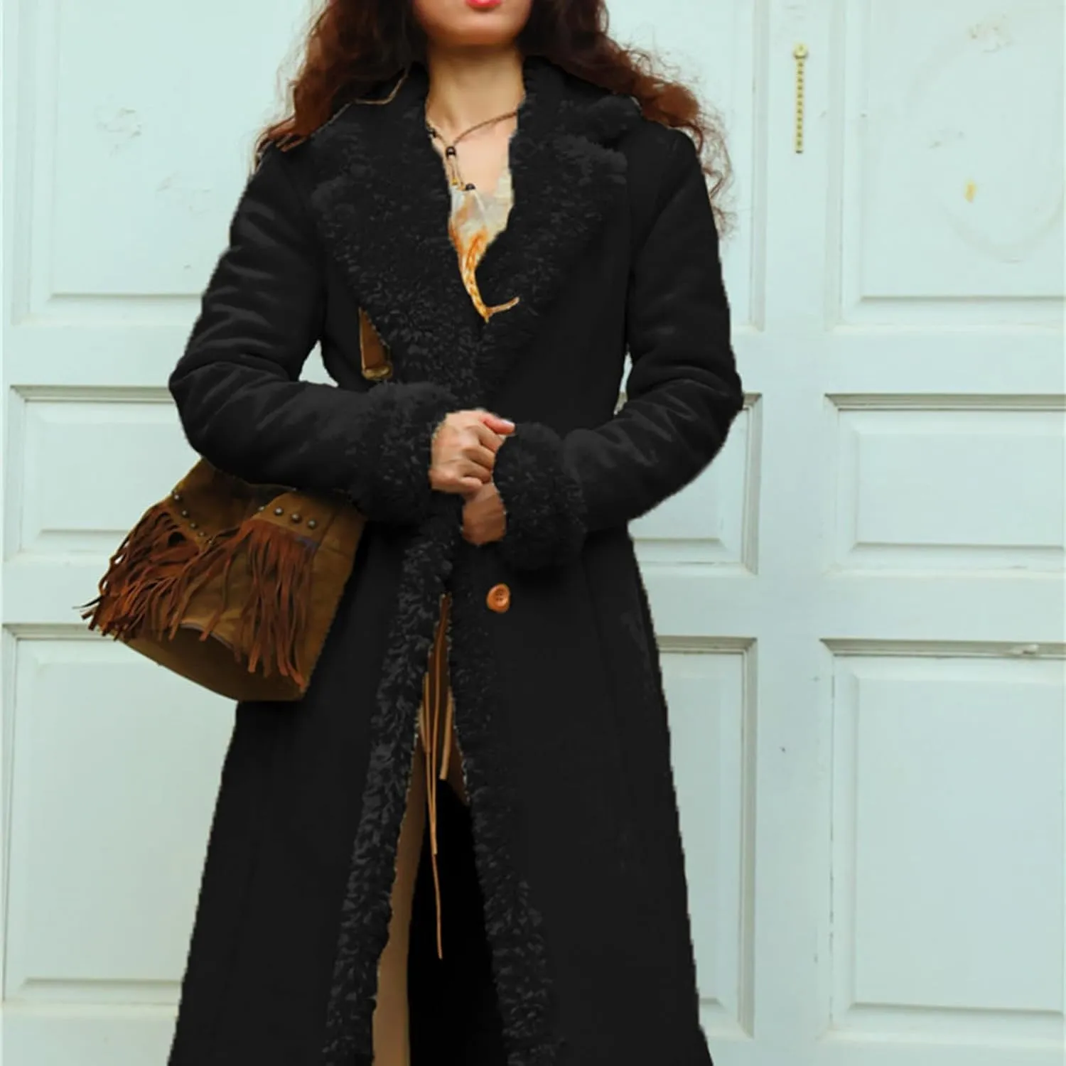 Women's Winter Long Jacket Open Front Coat Cardigan Vintage Western Coats Faux Fur Trim Parka Outerwear with Pockets