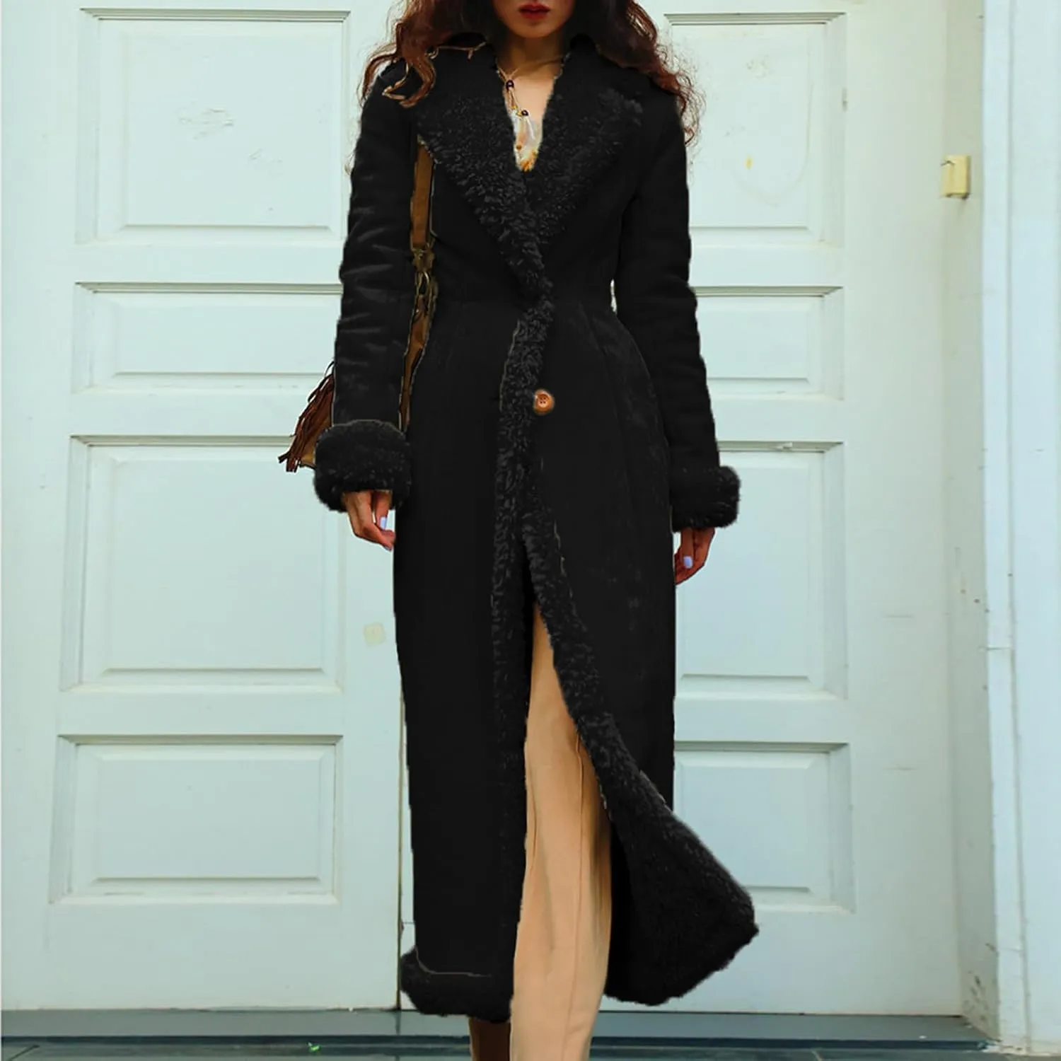 Women's Winter Long Jacket Open Front Coat Cardigan Vintage Western Coats Faux Fur Trim Parka Outerwear with Pockets