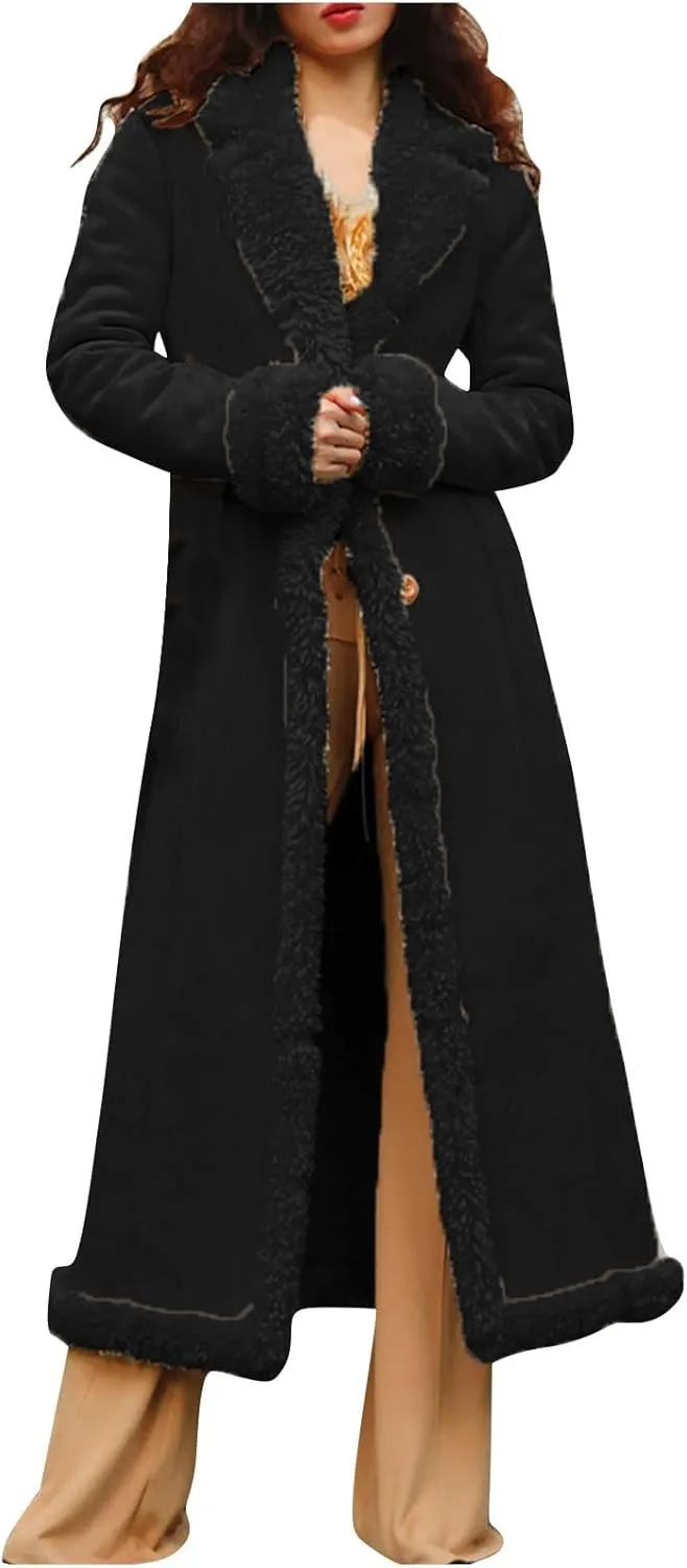 Women's Winter Long Jacket Open Front Coat Cardigan Vintage Western Coats Faux Fur Trim Parka Outerwear with Pockets