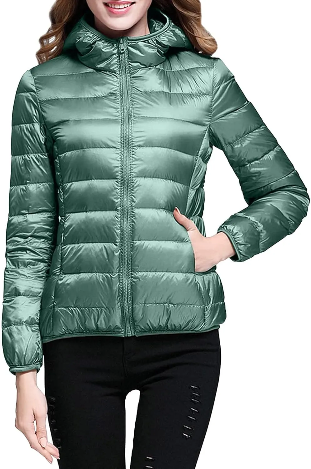 Women's Winter Zip Puffer Jacket Lightweight Packable Hooded Puffer Jacket Warm Down Coats Waterproof Ski Jackets