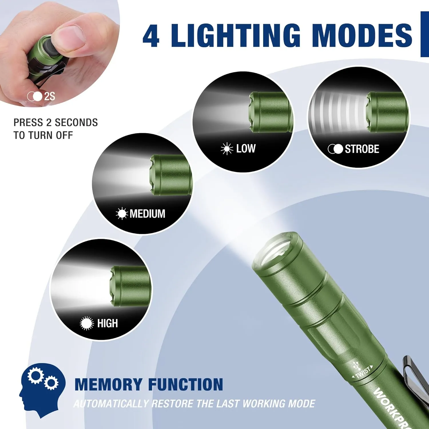 WORKPRO Rechargeable Pen Light, Mini Flashlight, 2 Pack Ultra-Compact EDC Flashlight, Pocket Flashlight with Clip, Memory Function and 2 x USB C Cable Included, Green