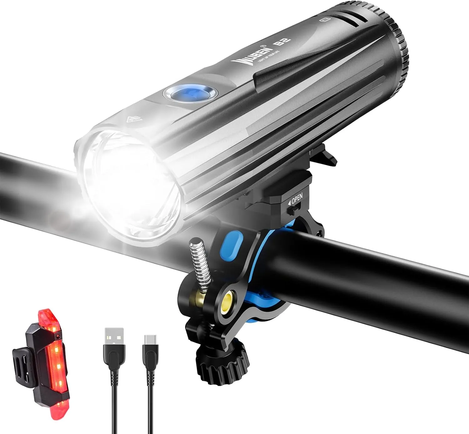 WUBEN B2 Rechargeable Bike Light with Taillight, 1300 High Lumen LED Bike Flash Lights Type-C Rechargeable, Bike Headlight with 6 Modes & IP68 Waterproof for Outdoor, Night Riding, Mountain Biking