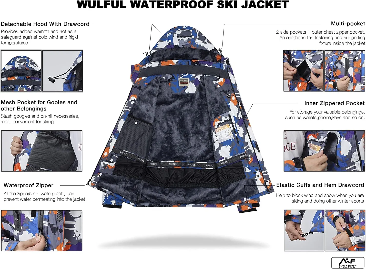 WULFUL Men's Waterproof Ski Jacket Warm Winter Snow Coat Mountain Windbreaker