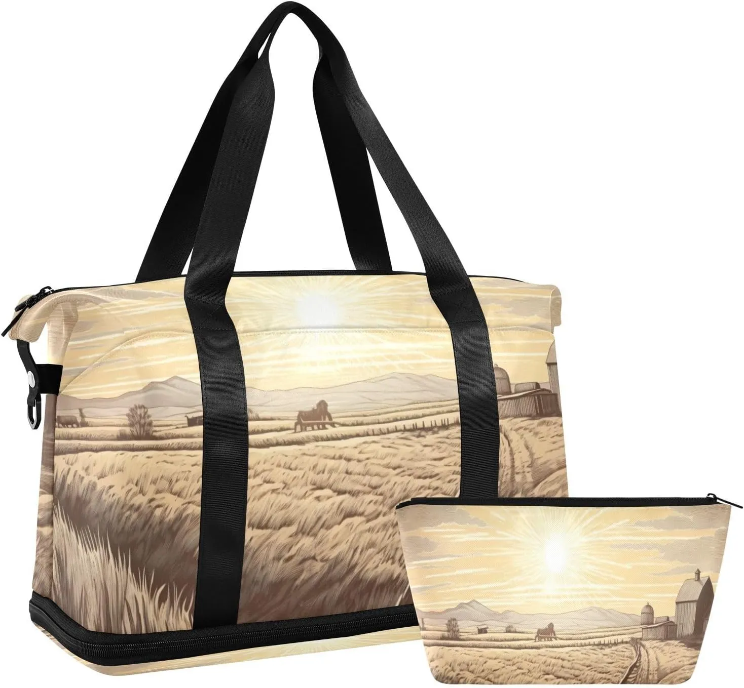 xigua Gym Bag Barn Landscape Travel Duffel Bag - Sports Gym Bag with Dry Wet Pocket Cosmetic bag & Shoes Compartment for Women and Men