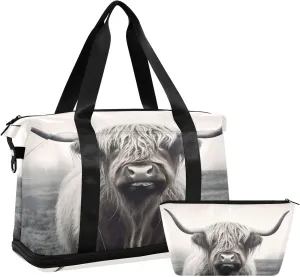 xigua Gym Bag Highland Cow Travel Duffel Bag - Sports Gym Bag with Dry Wet Pocket Cosmetic bag & Shoes Compartment for Women and Men