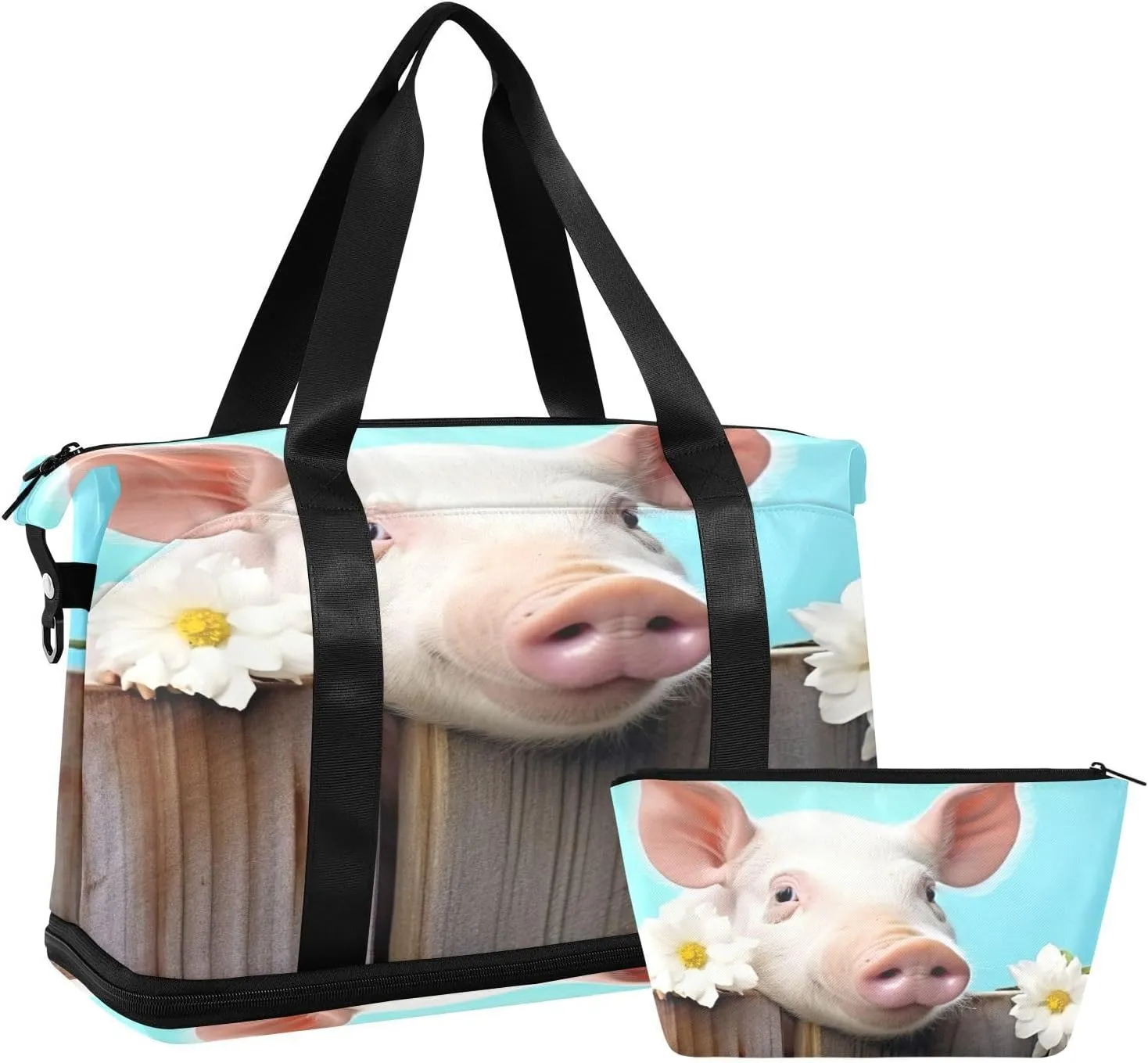xigua Gym Bag Pig on Wood Travel Duffel Bag - Sports Gym Bag with Dry Wet Pocket Cosmetic bag & Shoes Compartment for Women and Men