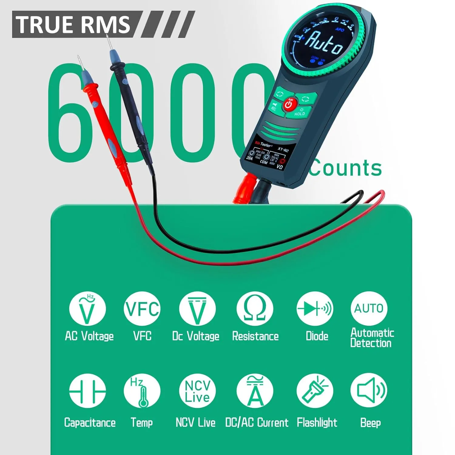 Xin Tester Digital AC DC Professional Multimeter Tester, TRMS 6000 Counts Rotary Dial Electrical Automotive Autoranging DMM 1000V NCV Volt Ohm Amp Meter, Capacitance Temperature Diode XT-R2