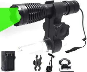 XLENTGEN Green Light Flashlight,650 Yard Greeny Hunting Light Zoomable Green LED Flashlight with Pressure Switch Rail Mount & Scope Mount for Coyote Hog Varmint Coon Night Hunting